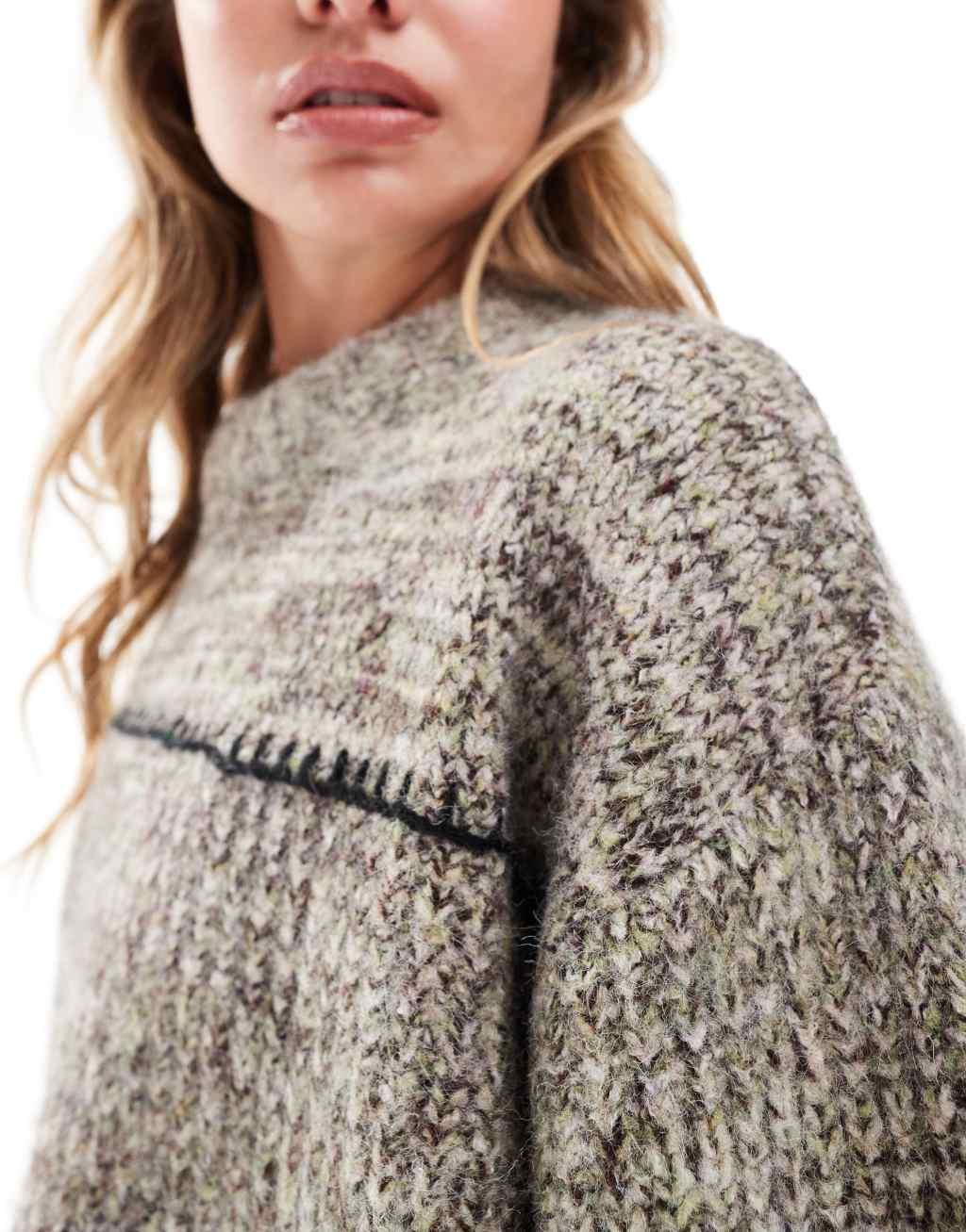 ASOS DESIGN crew neck sweater in twisted yarn with blanket stitch detail in brown Product Image