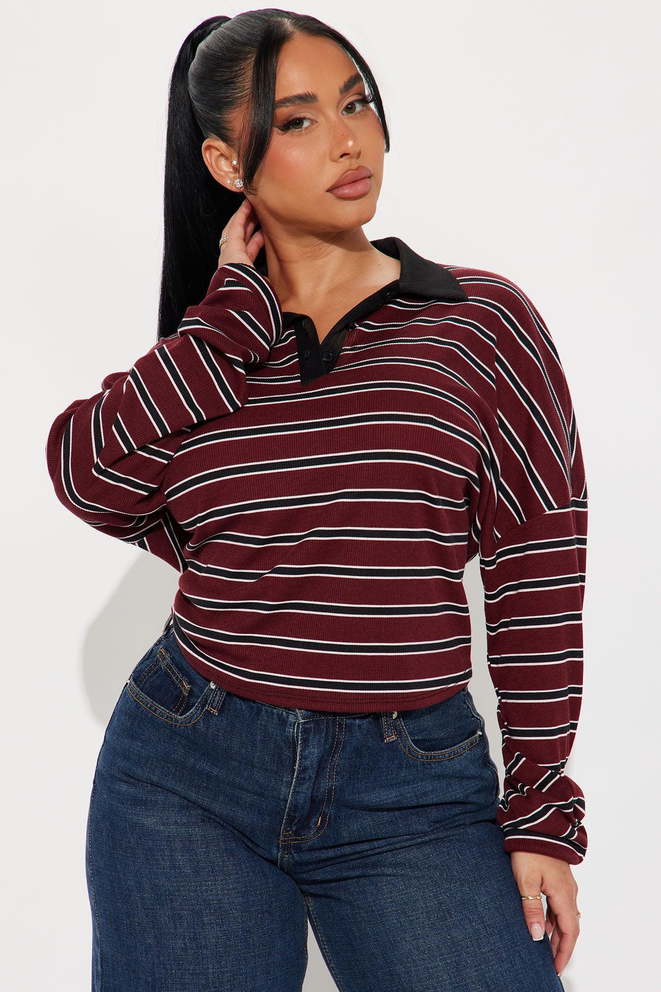 Sloane Striped Polo Top - Burgundy Product Image