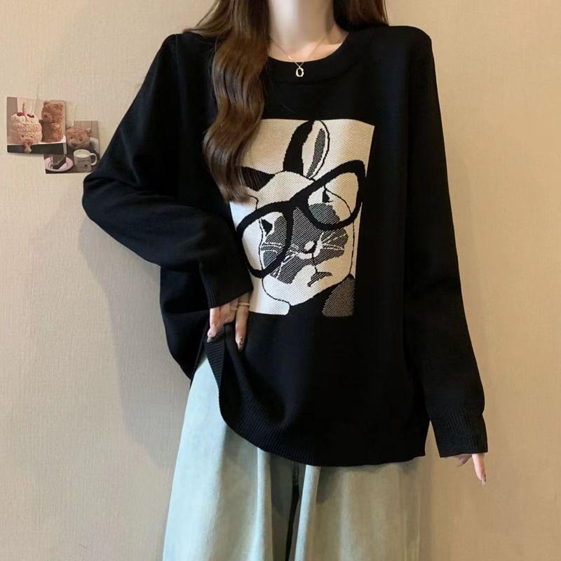 Long-Sleeve Round Neck Rabbit Print Tee Product Image