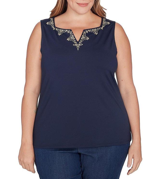 Ruby Rd. Plus Size Knit Embellished Notch V-Neck Sleeveless Tank Top Product Image