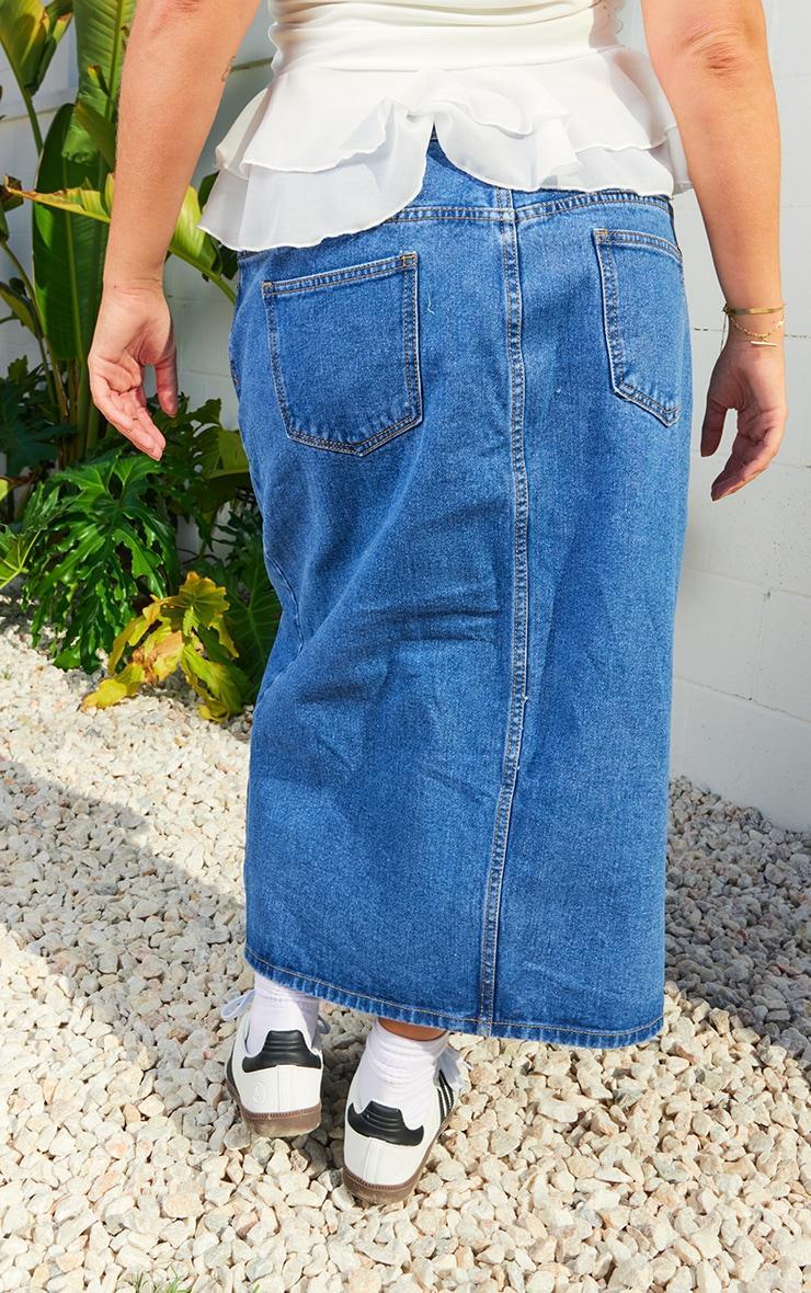 Plus Mid Blue Wash Split Front Denim Midi Skirt Product Image