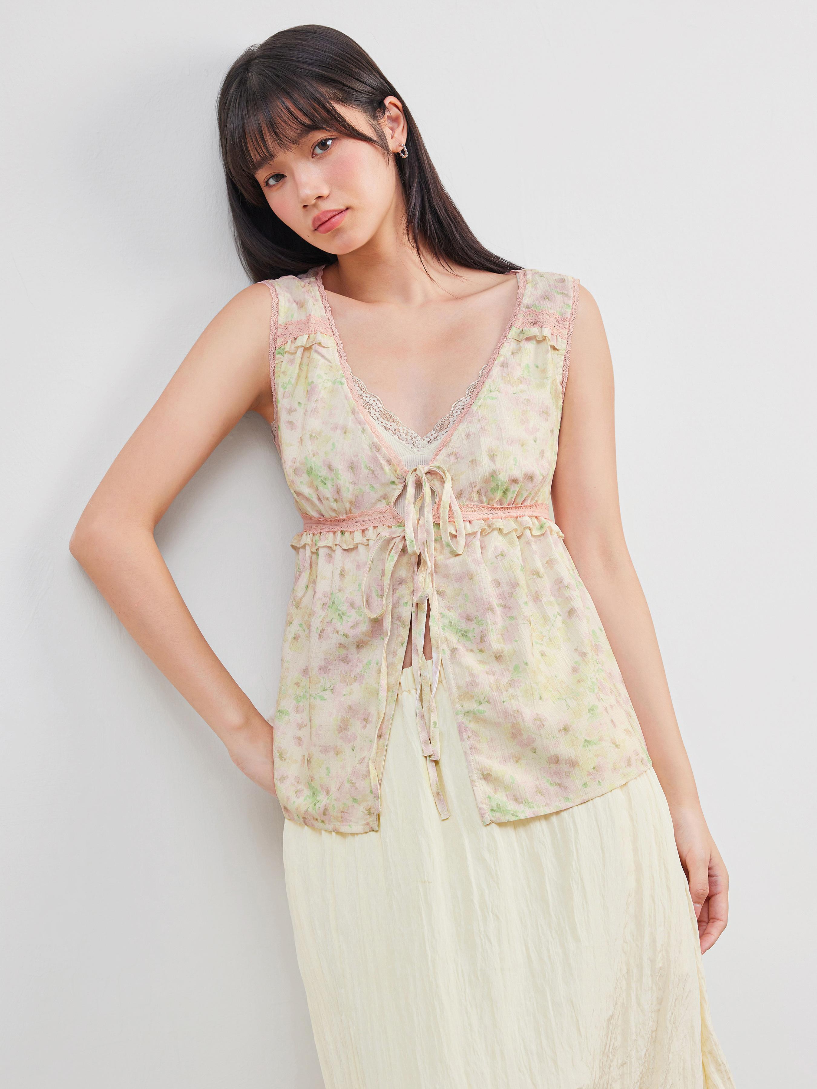 V-neck Floral Ruffle Knotted Tank Top Product Image