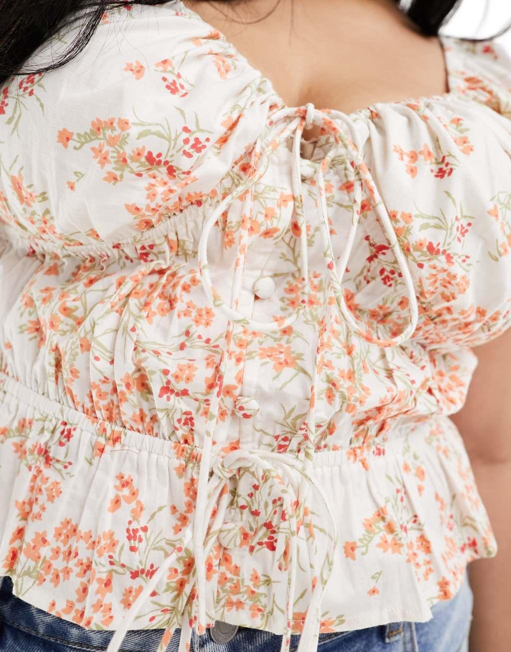 ASOS DESIGN Curve puff sleeve top in ditsy floral Product Image