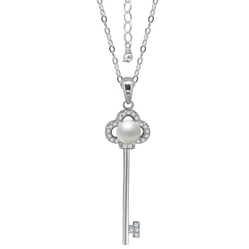 Aleure Precioso Sterling Silver Cubic Zirconia & Freshwater Cultured Pearl Key Pendant Necklace, Womens Silver Tone Product Image