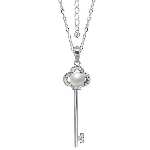 Aleure Precioso Sterling Silver Cubic Zirconia & Freshwater Cultured Pearl Key Pendant Necklace, Womens Product Image