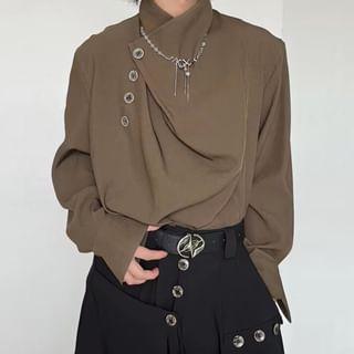 Long-Sleeve High Neck Plain Shirt Product Image