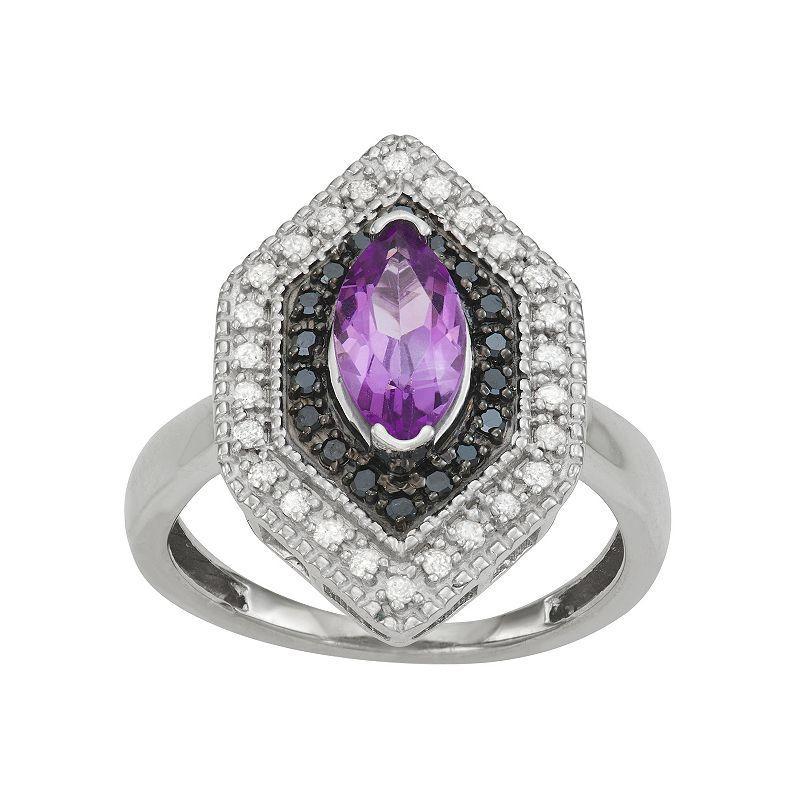 Jewelexcess Sterling Silver Genuine Amethyst & 1/3 Carat T.W. Black & White Diamond Ring, Womens Product Image