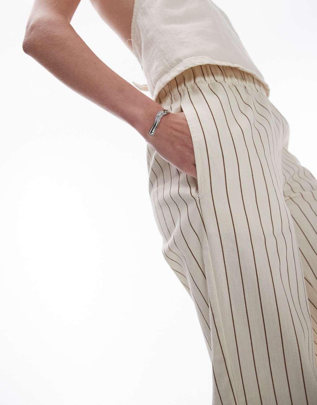 Topshop Tall stripe pull on straight leg pants in ecru Product Image