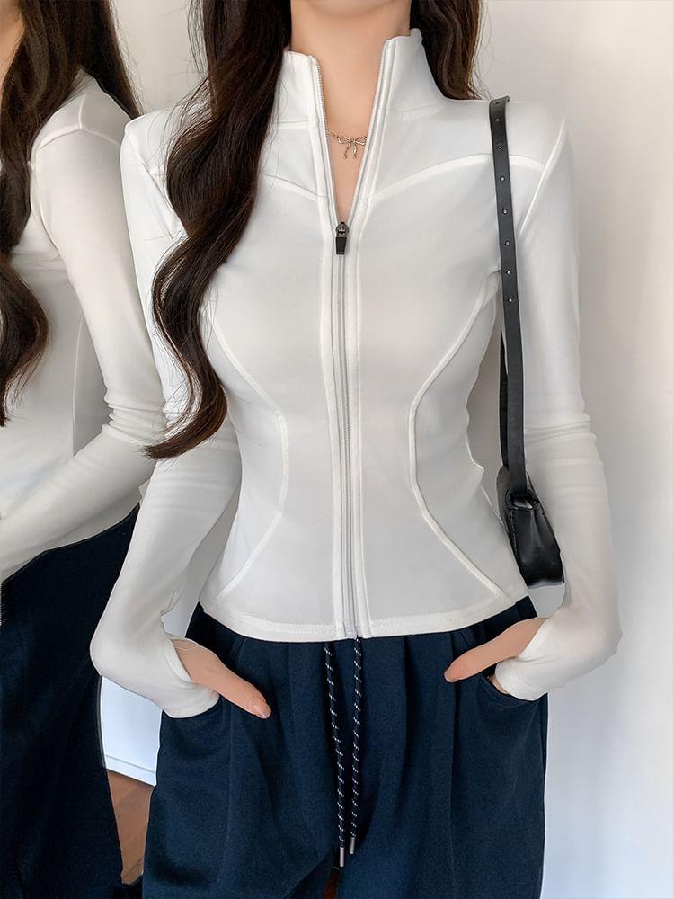 Stand Collar Plain Zip-Up Crop Jacket Product Image