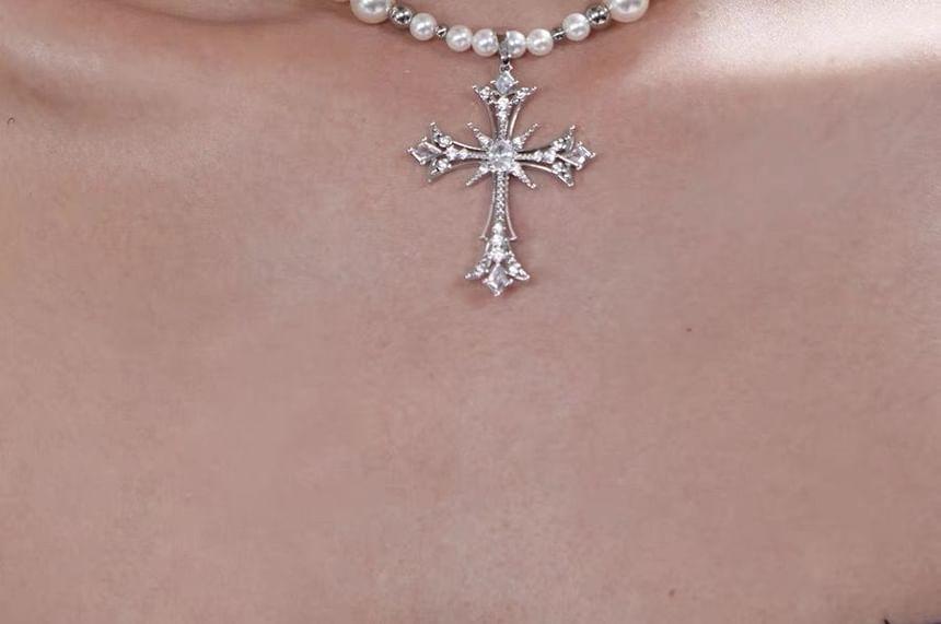 Cross Rhinestone Pendant Faux Pearl Necklace Product Image