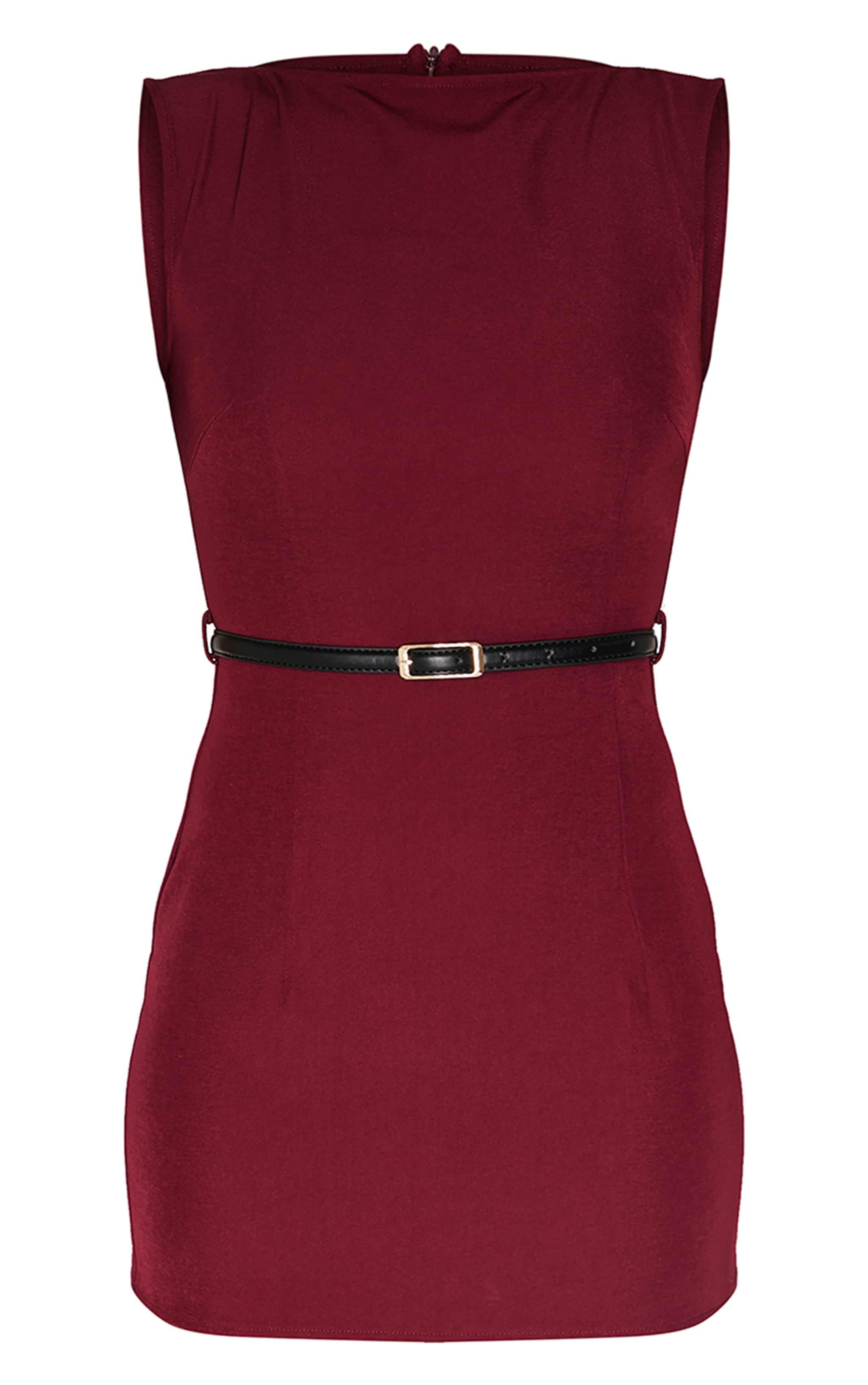 Wine Belted Boat Neck Mini Dress Product Image