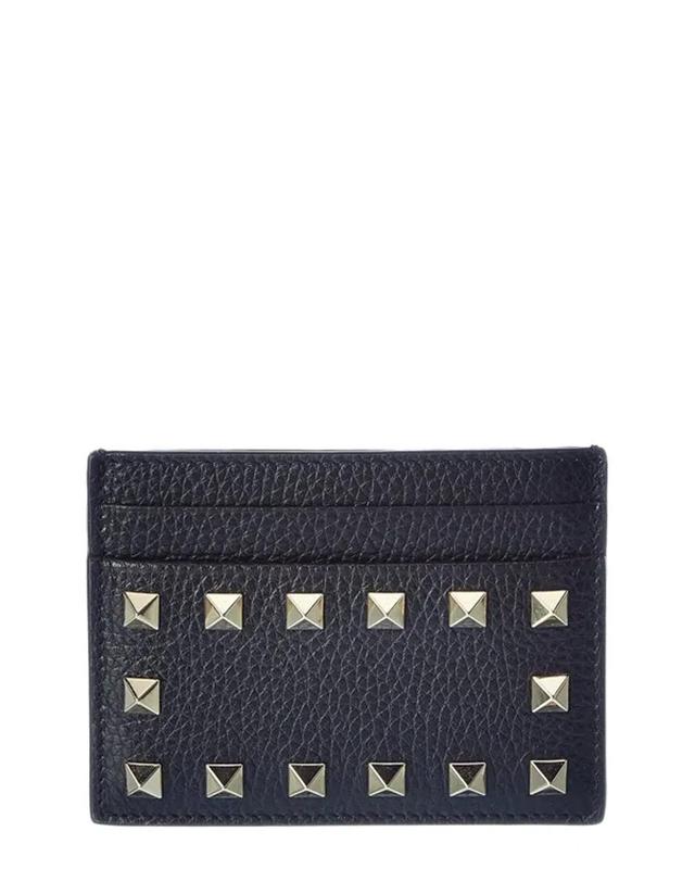 Valentino Rockstud Grainy Leather Card Holder In Black Product Image