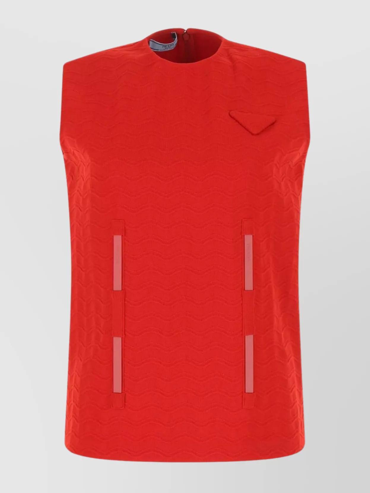 Modern Sleeveless Top With Textured Mock Neck And Side Pockets In Red Product Image