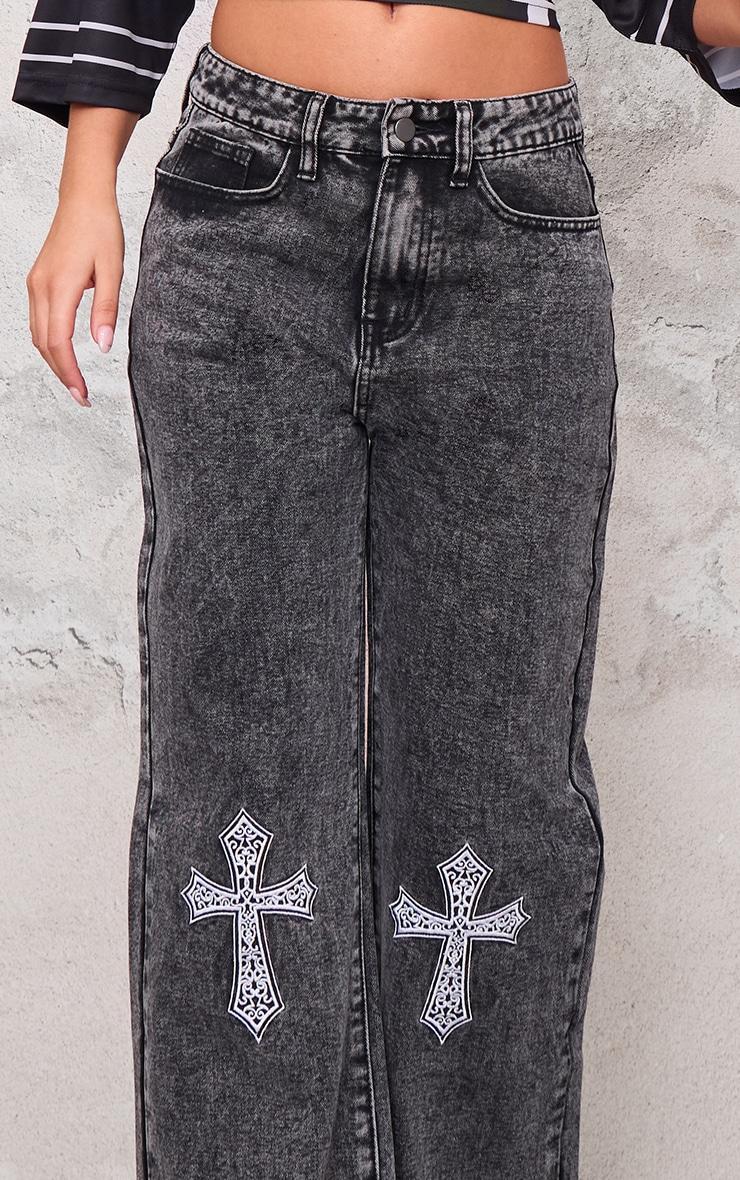 Grey Cross Detail Embroidered Denim Jeans Product Image