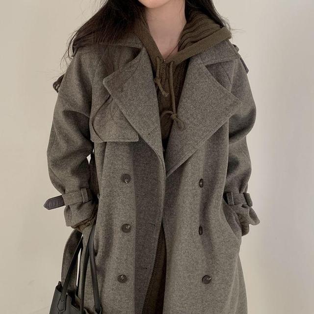 Lapel Collar Plain Double Breasted Long Trench Coat Product Image