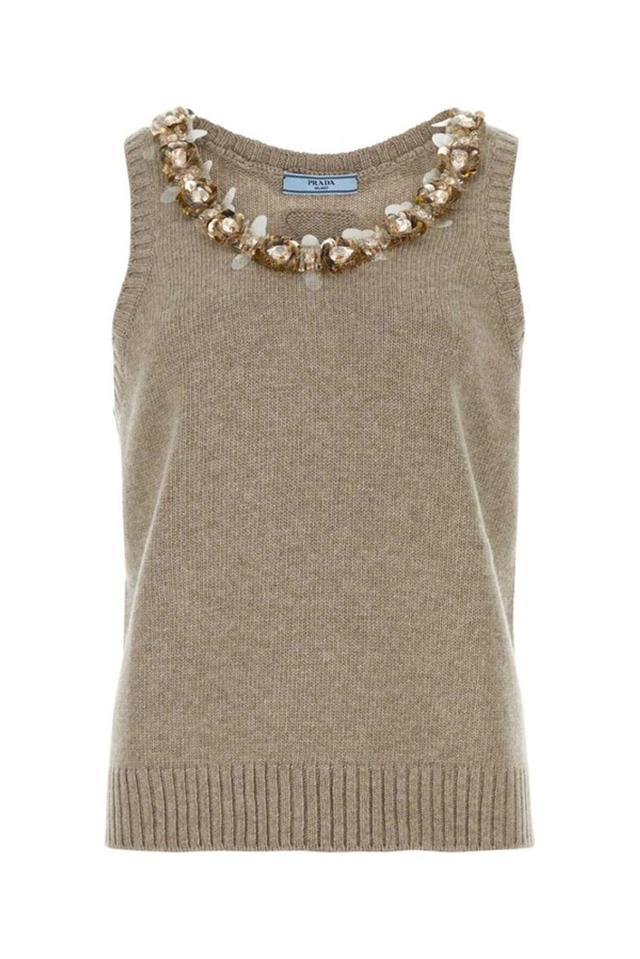 Sequin Embellished Knit Tank Top In Beige Product Image