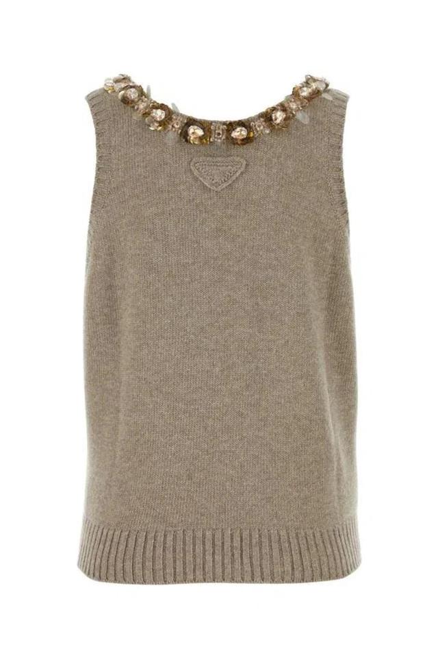 Sequin Embellished Knit Tank Top In Beige Product Image