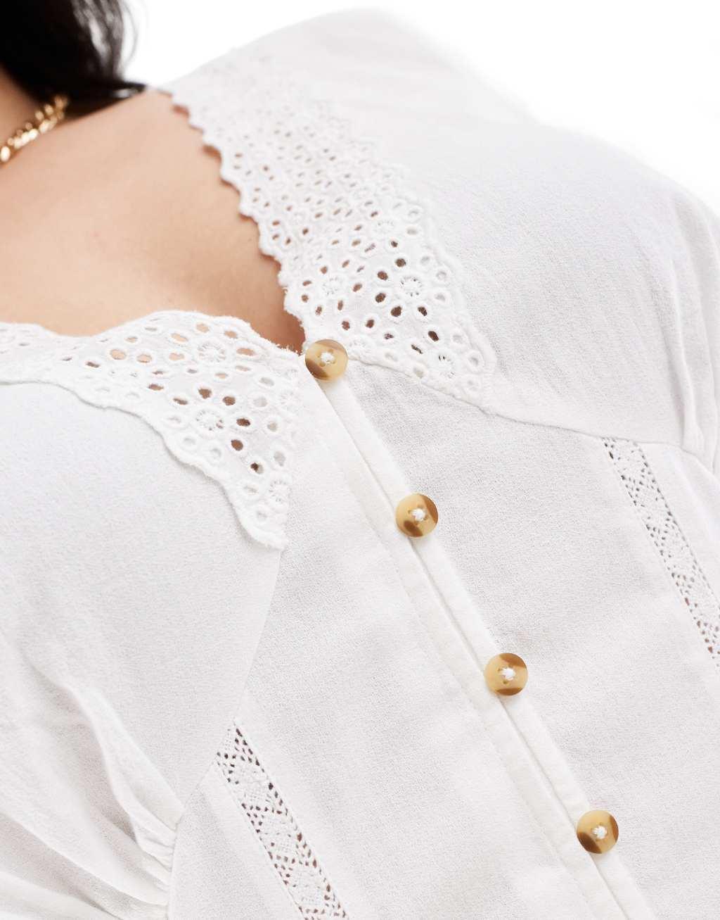 ASOS DESIGN Curve lace insert long sleeve smock top in white Product Image