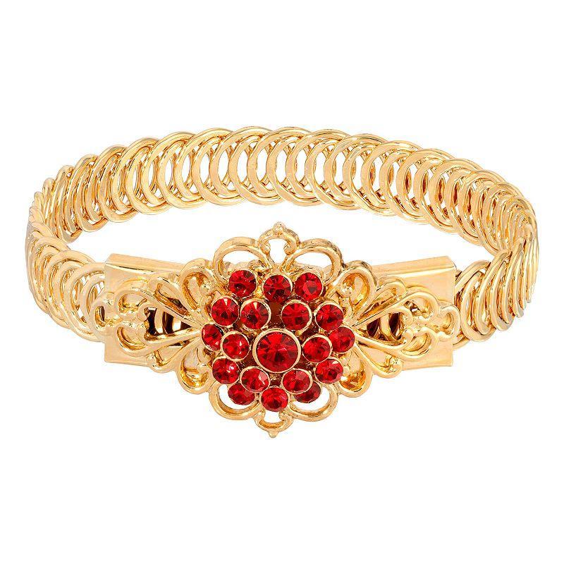 1928 Gold Tone Siam Flower Overlay Belt Bracelet, Womens, Red Product Image