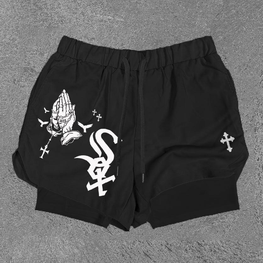 Sopula Vintage Praying Hands & Sox Print Performance Double Layer Quick Dry Shorts Product Image