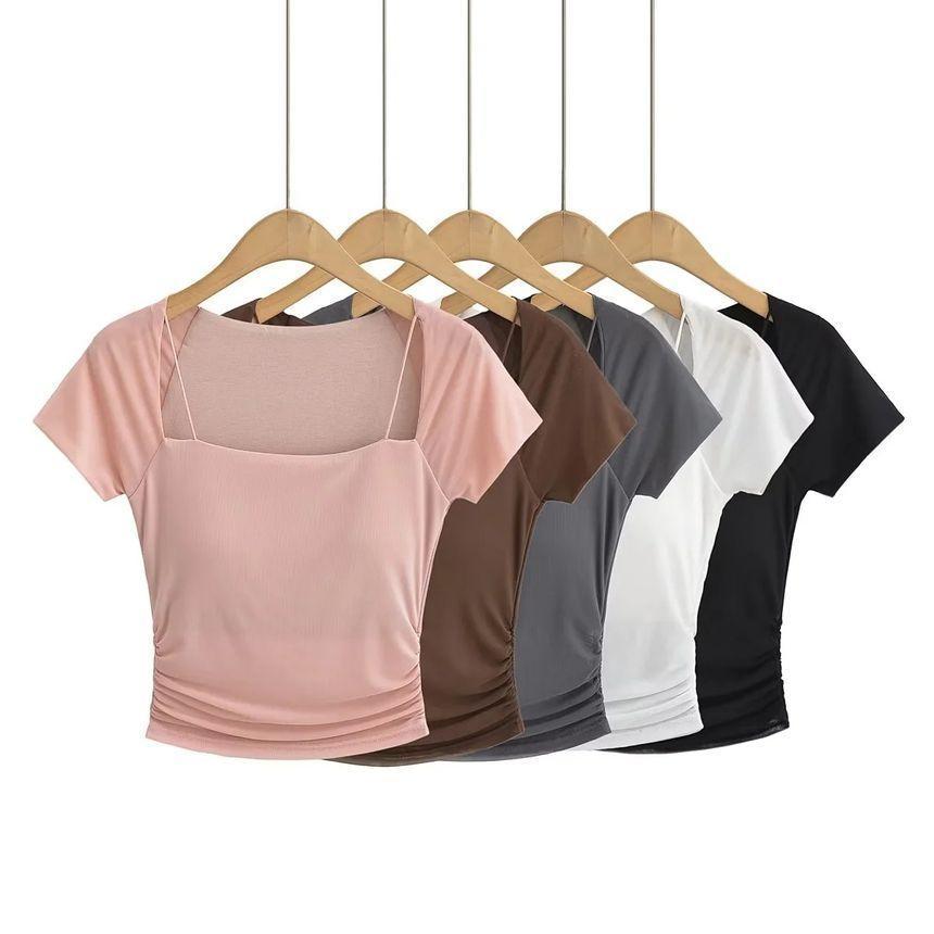 Short-Sleeve Square Neck Plain Ruched Panel Mesh Crop Top Product Image