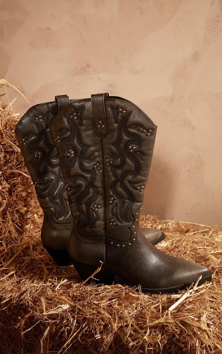 Black Grain PU Point Toe Stud Detail Knee Calf High Western Boots Product Image