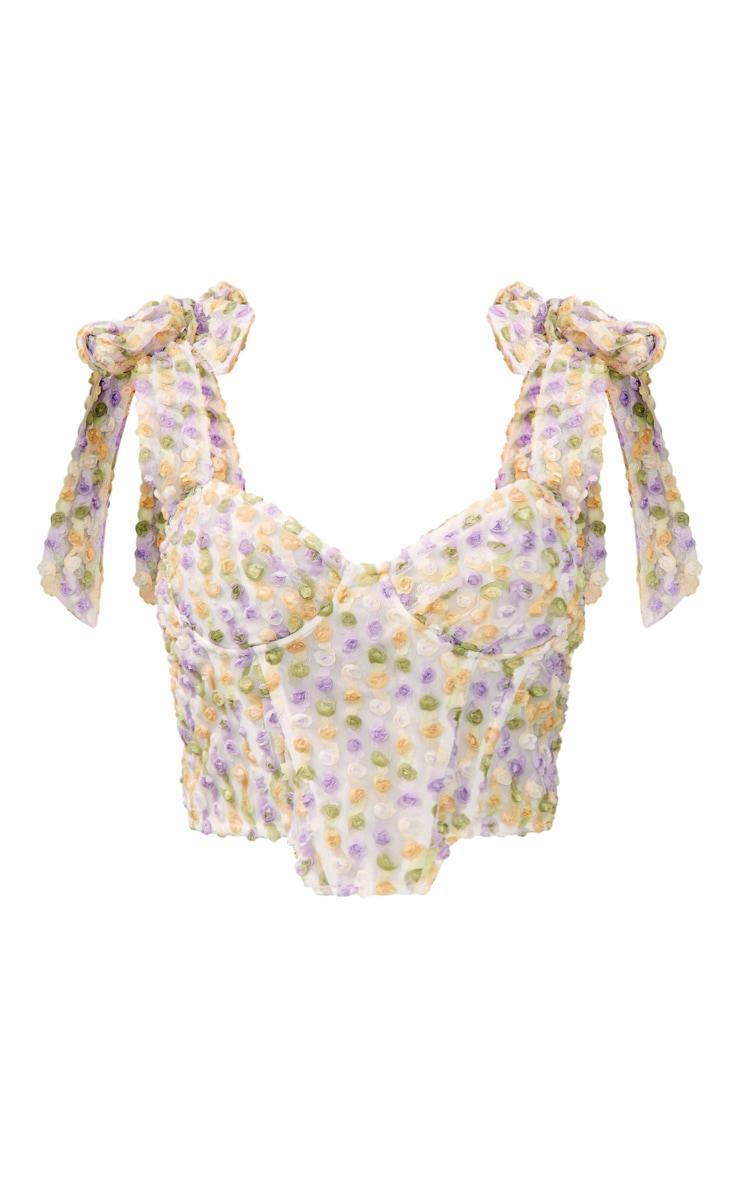  White Textured Floral Bow Strap Crop Top Product Image