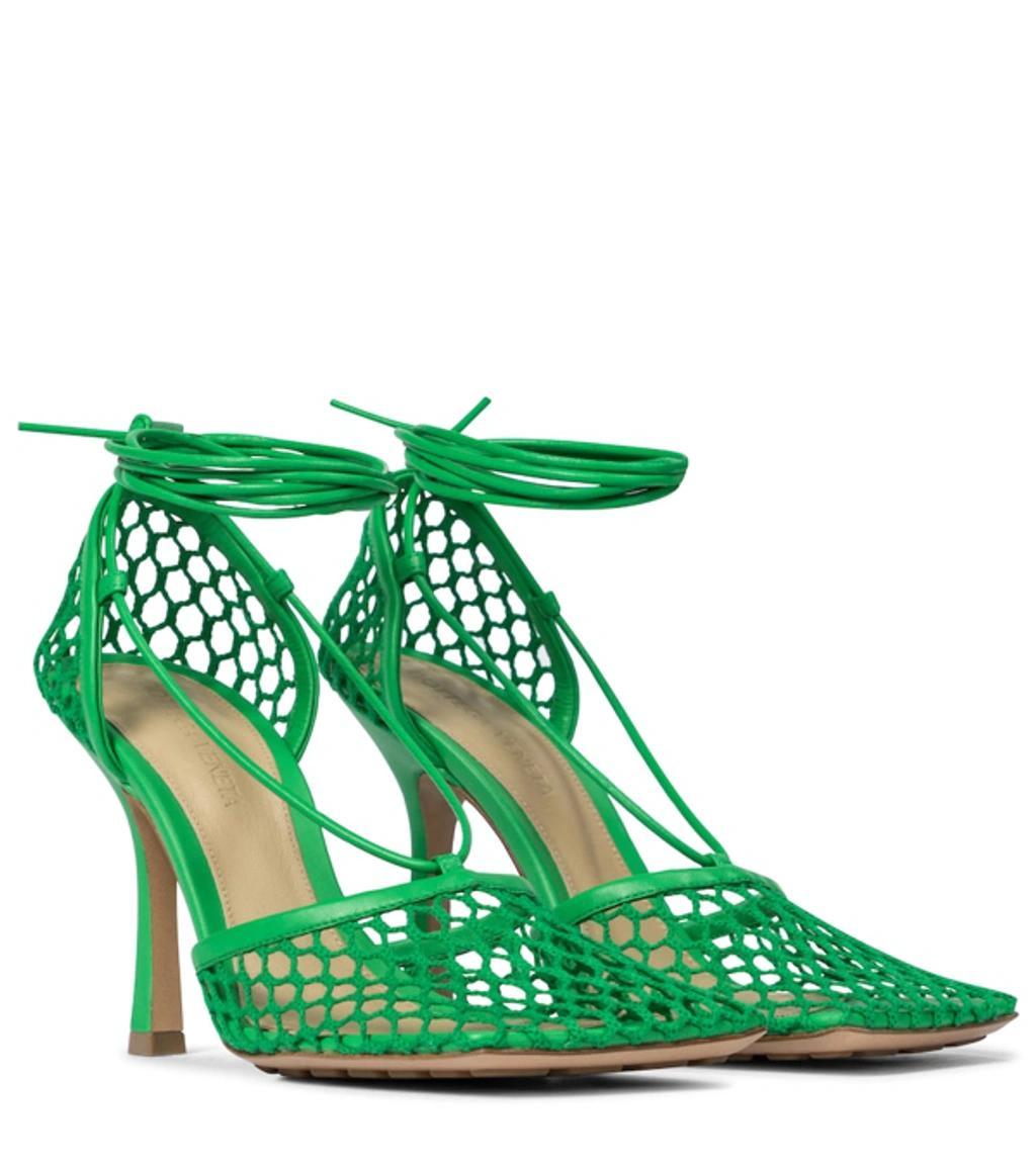 BOTTEGA VENETA Lace-up Leather-trimmed Mesh Pumps In Green Product Image