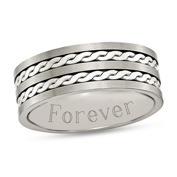 Men's 8.0mm Engravable Brushed Wedding Band in Titanium with Sterling Silver Double Twisted Inlay (1 Line) Product Image