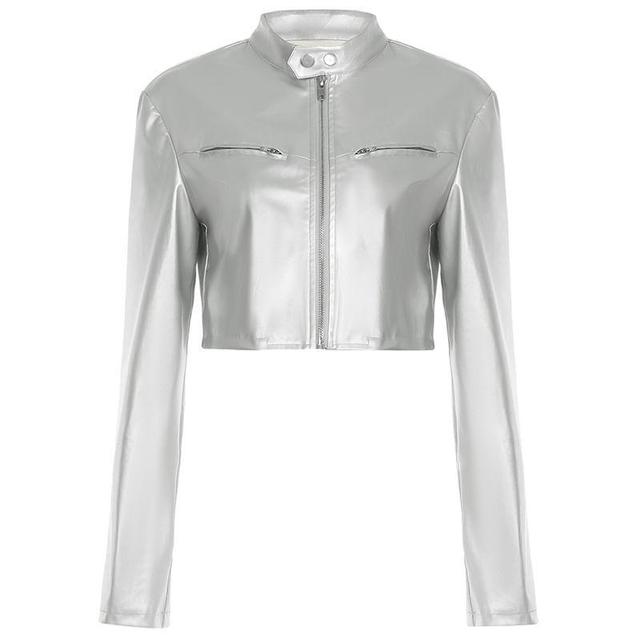 Long Sleeve Stand Collar Faux Leather Zip-Up Crop Jacket Product Image