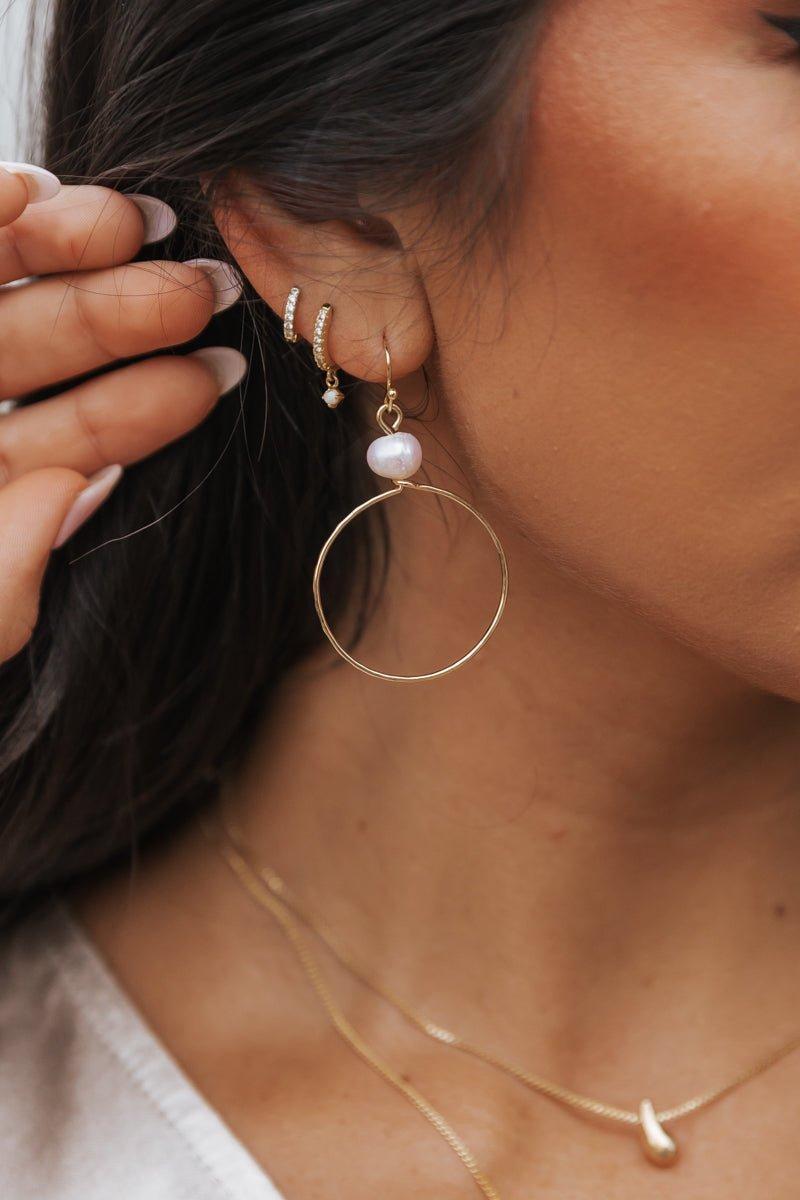 Gold Pearl Hoop Dangle Earrings Product Image