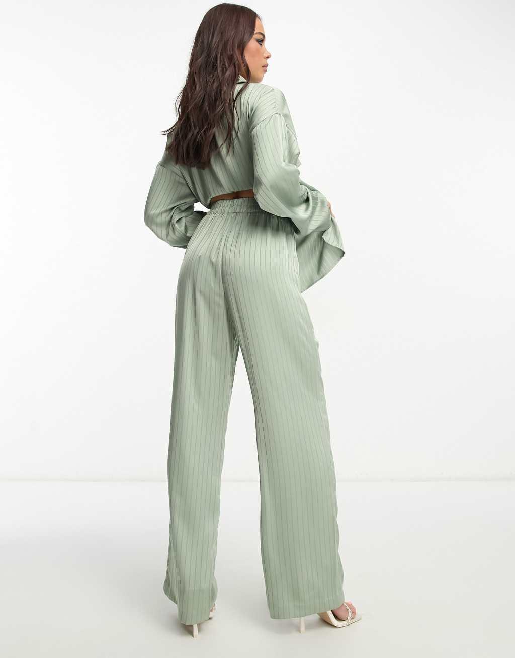 4th & Reckless striped satin pants in sage - part of a set Product Image