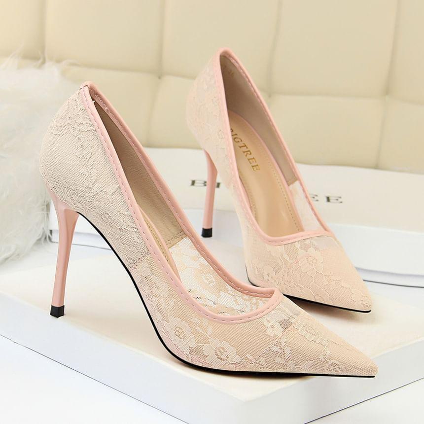 Stiletto Pointed Toe Lace Pumps Product Image