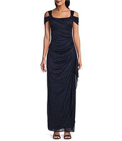 Alex Evenings Glitter Mesh Cowl Neck Cold Shoulder Cap Sleeve Side Slit Ruched Gown Product Image