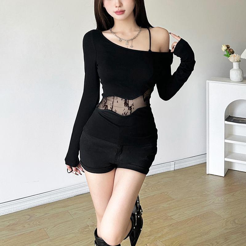 Long-Sleeve Cold-Shoulder Plain Lace Panel Tee Product Image