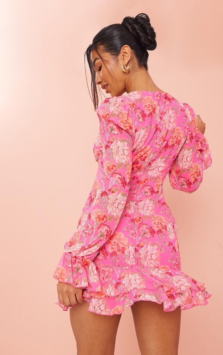 Pink Floral Ruched Detail Frill Hem Shift Dress Product Image