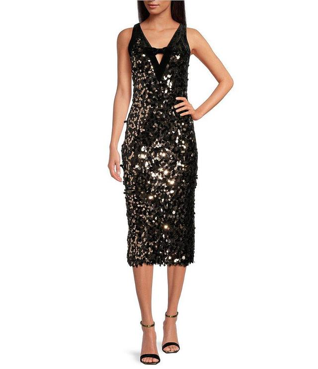 Trina Turk Yanna Petal Paillette Sequin V-Neck Velvet Trim Bow Dress Product Image