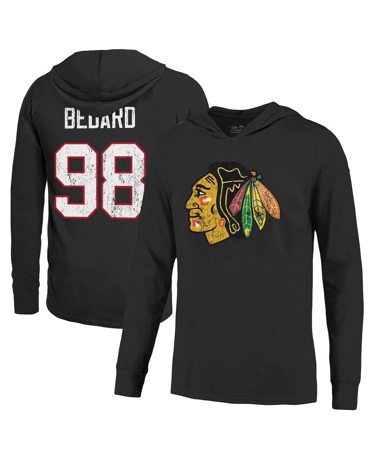 Mens Majestic Threads Connor Bedard Black Distressed Chicago Blackhawks Softhand Name and Number Pullover Hoodie Product Image