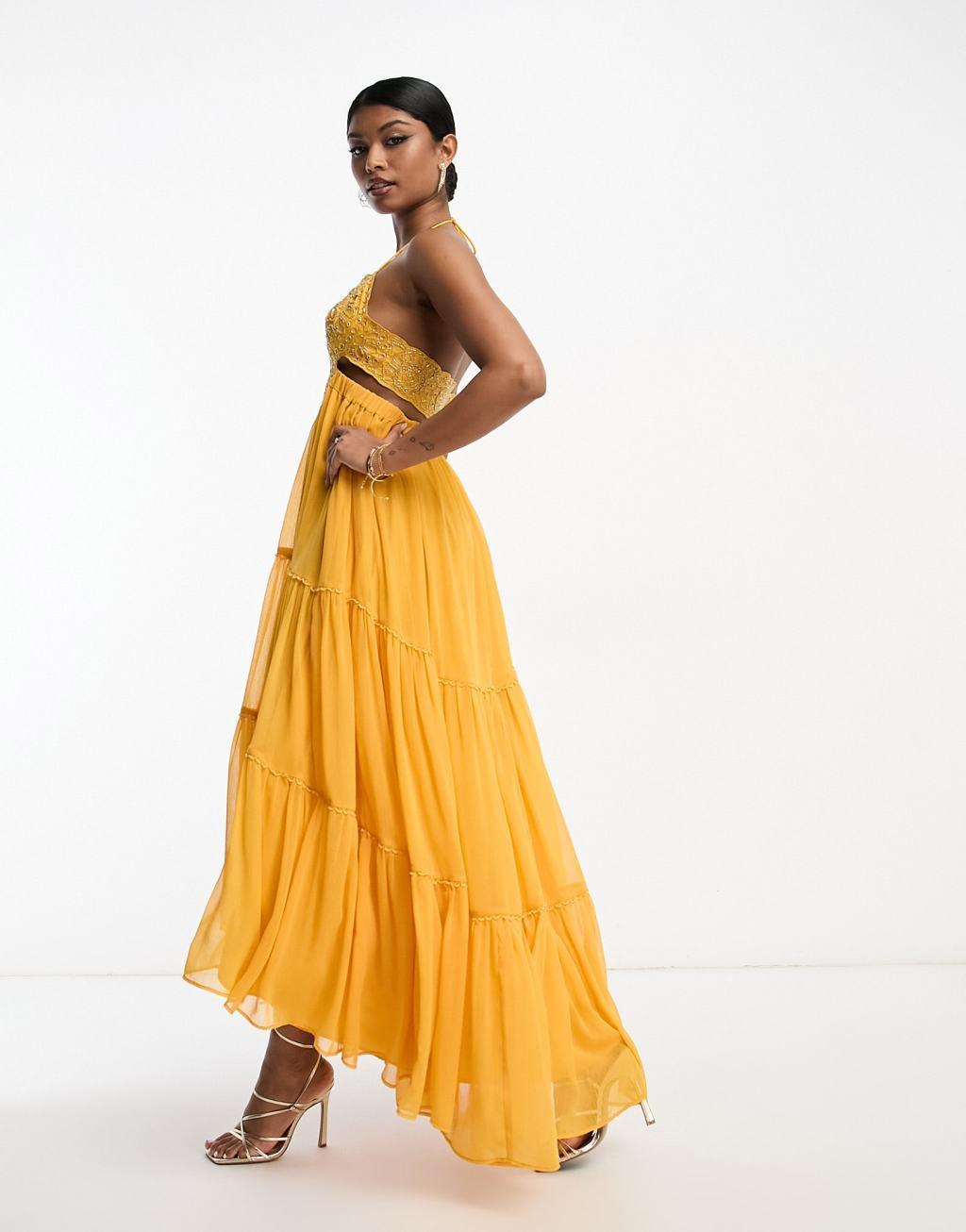 ASOS DESIGN embellished bodice tiered maxi dress with hi low hem and open back in mustard Product Image