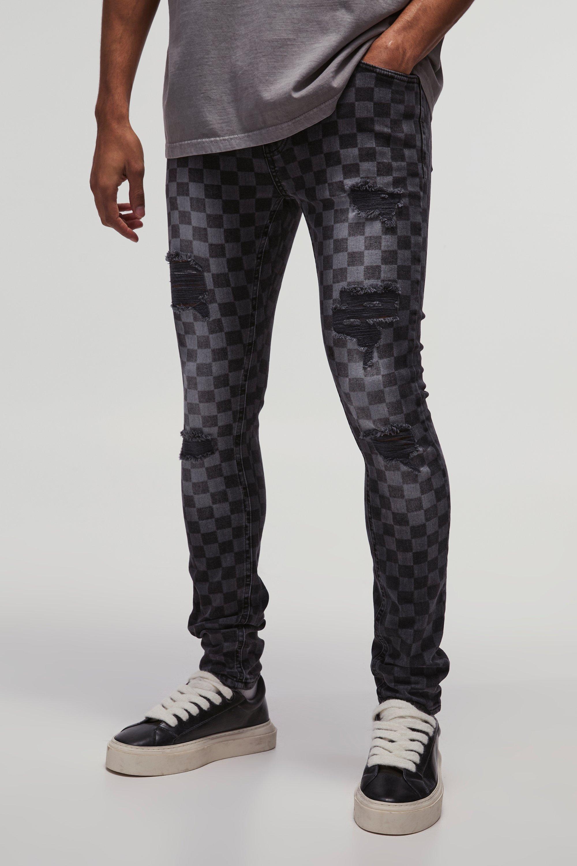 Super Skinny Stretch Checkerboard Ripped Denim Jeans | boohooMAN USA Product Image