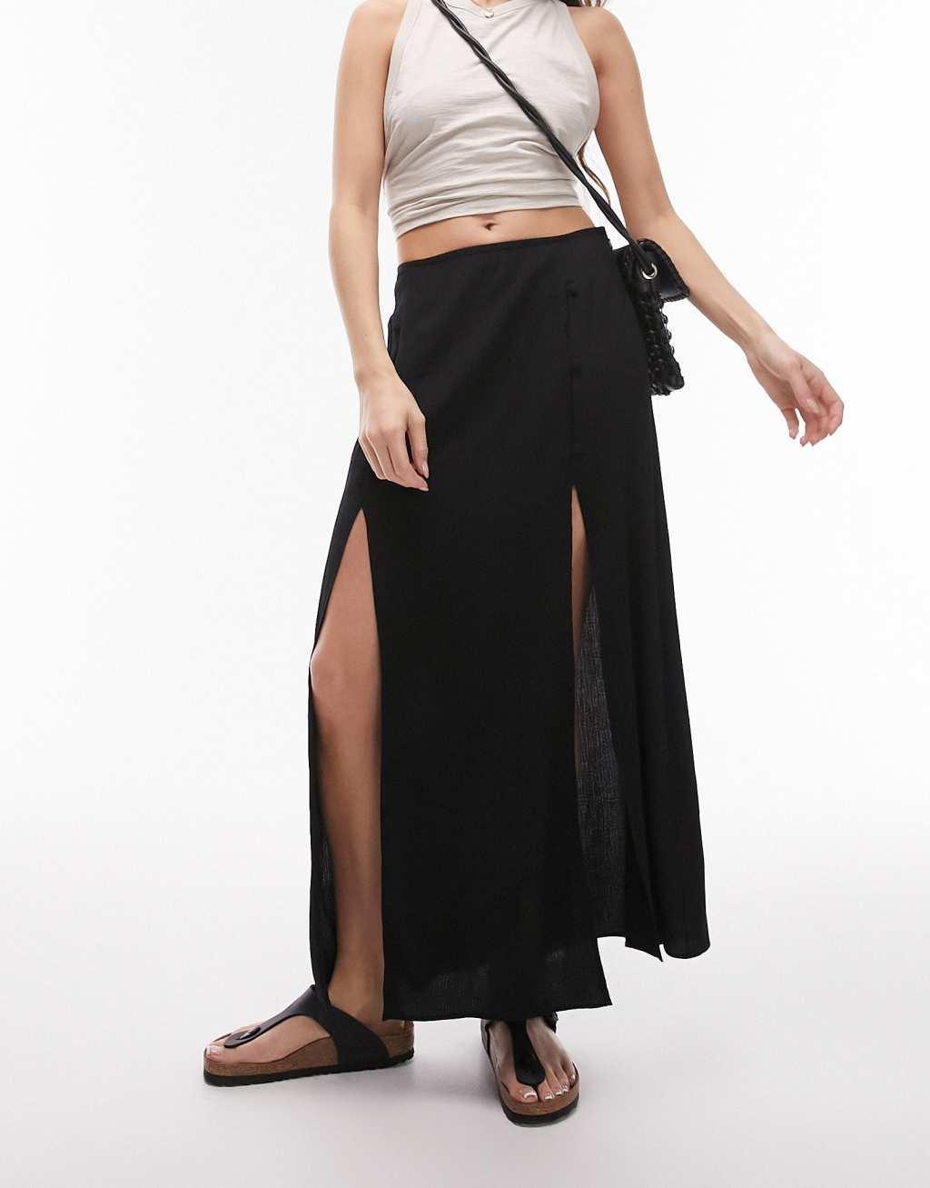 Topshop button slit midi skirt in black Product Image