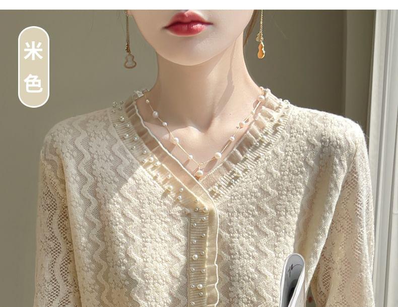 V-Neck Beaded Plain Cardigan Product Image