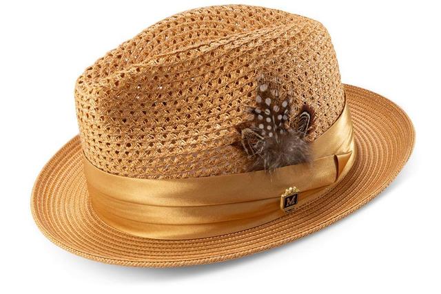 Tan Solid Color Pinch Braided Fedora With Matching Satin Ribbon Product Image