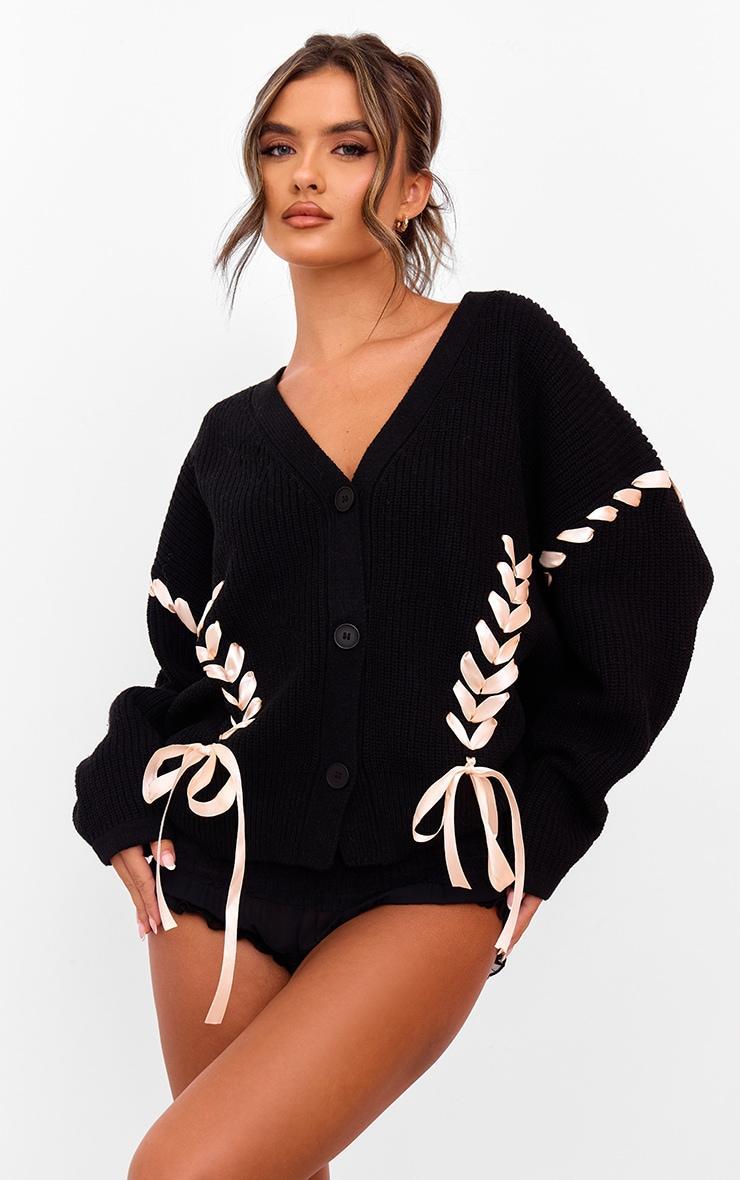 Black Chunky Knit Ribbon Detail Cardigan product image