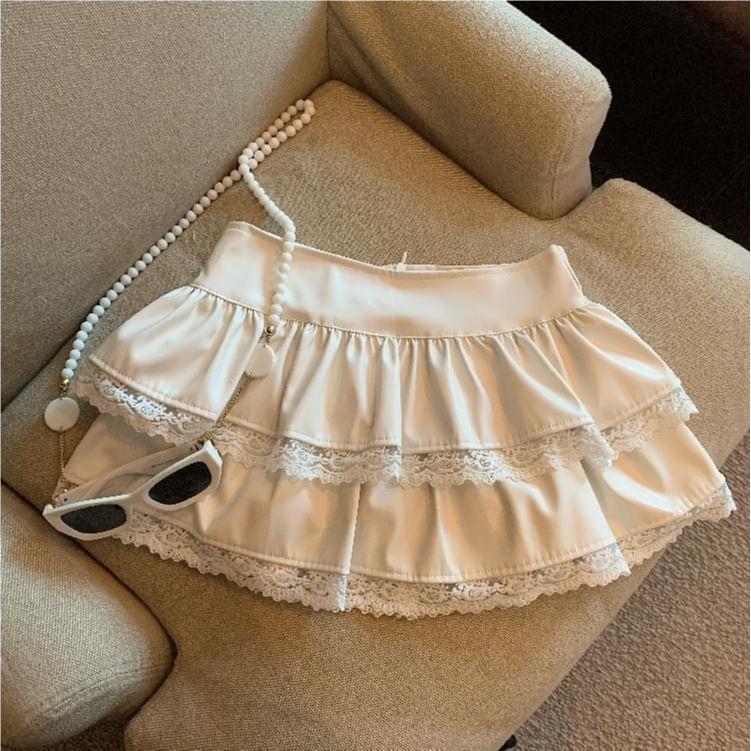 Tiered Lace Trim Faux Leather Skort Product Image