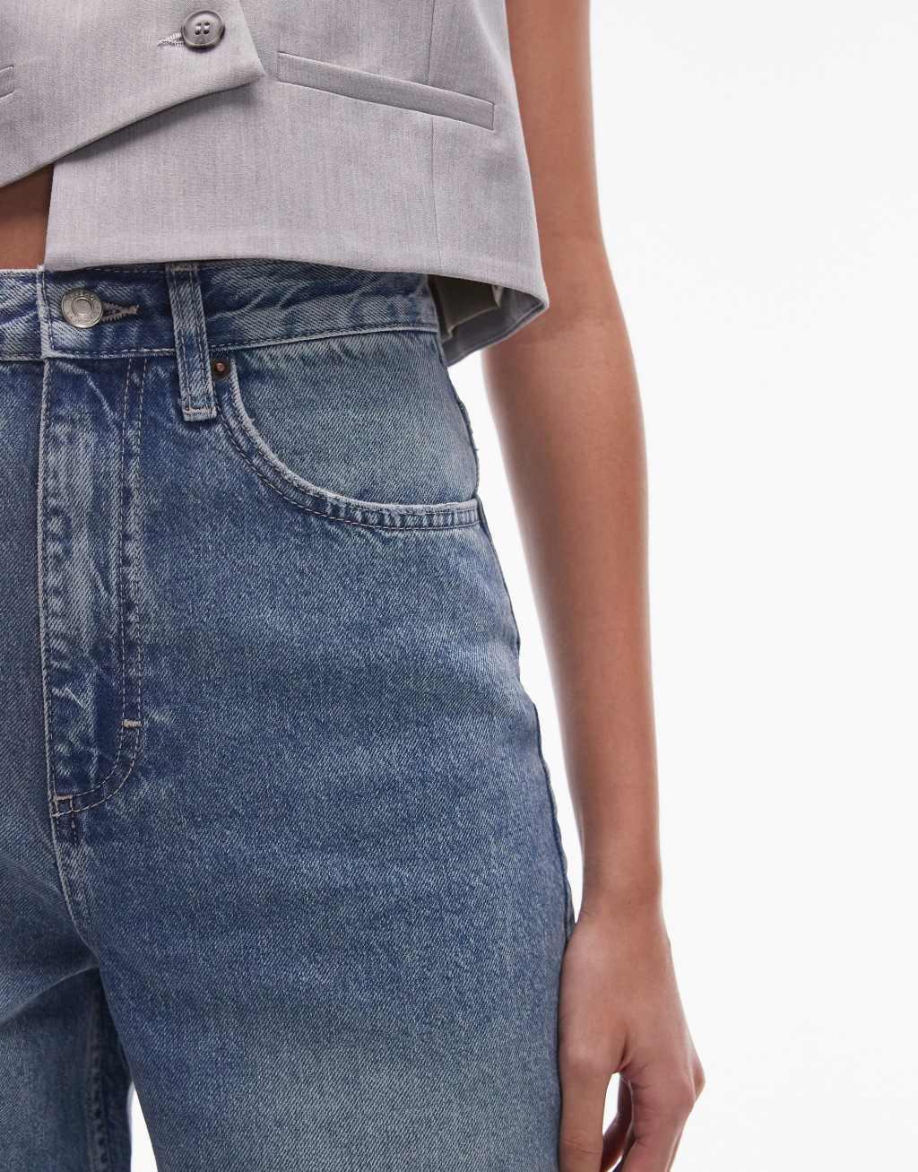 Topshop Tall high rise baggy jeans in extreme mid blue  Product Image