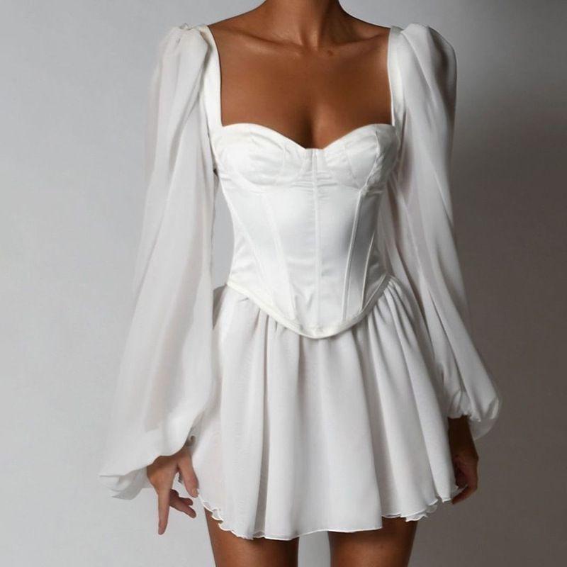 Puff-Sleeve Square-Neck Mesh Panel A-Line Corset Dress Product Image