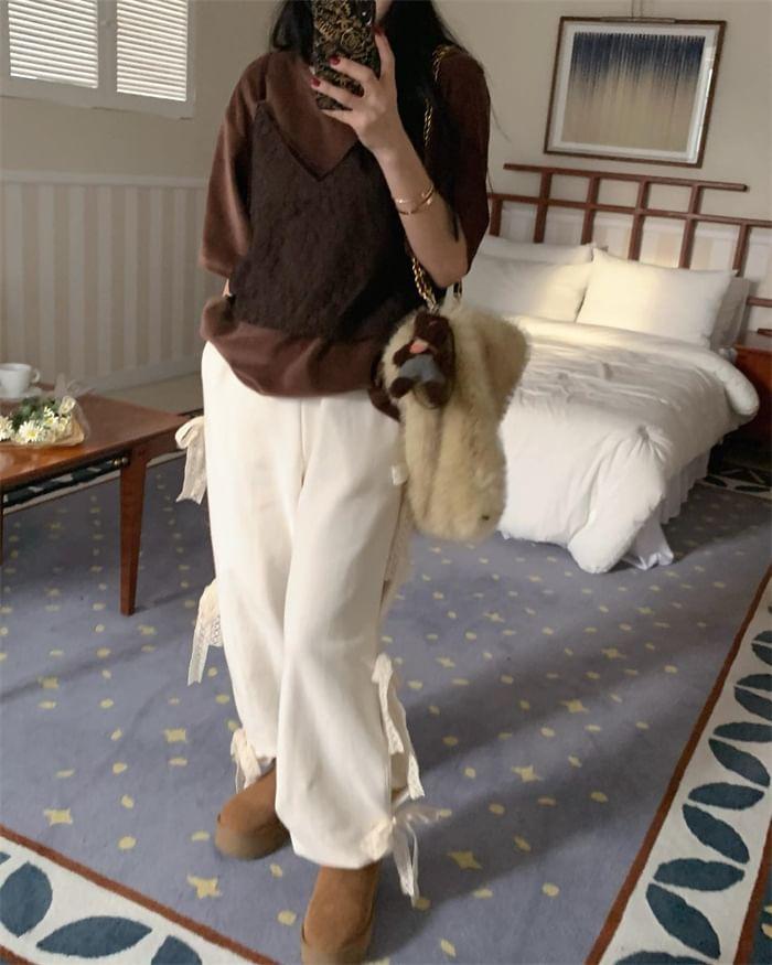 High Waist Plain Lace Trim Wide Leg Pants Product Image