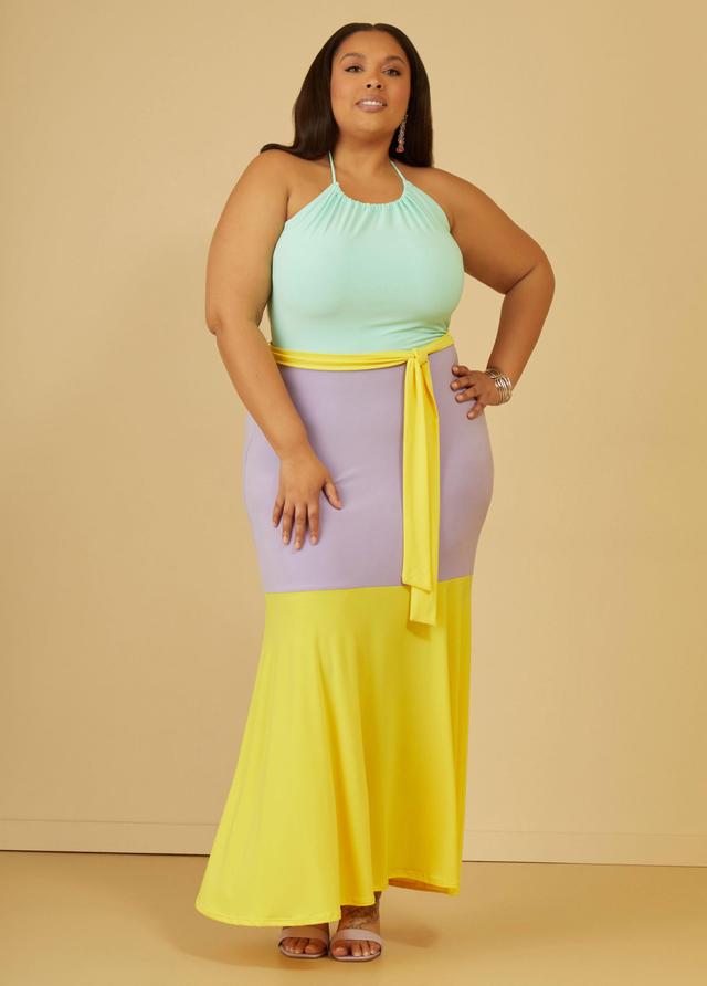 Plus Size Colorblock Halter Maxi Dress, - Ashley Stewart Product Image