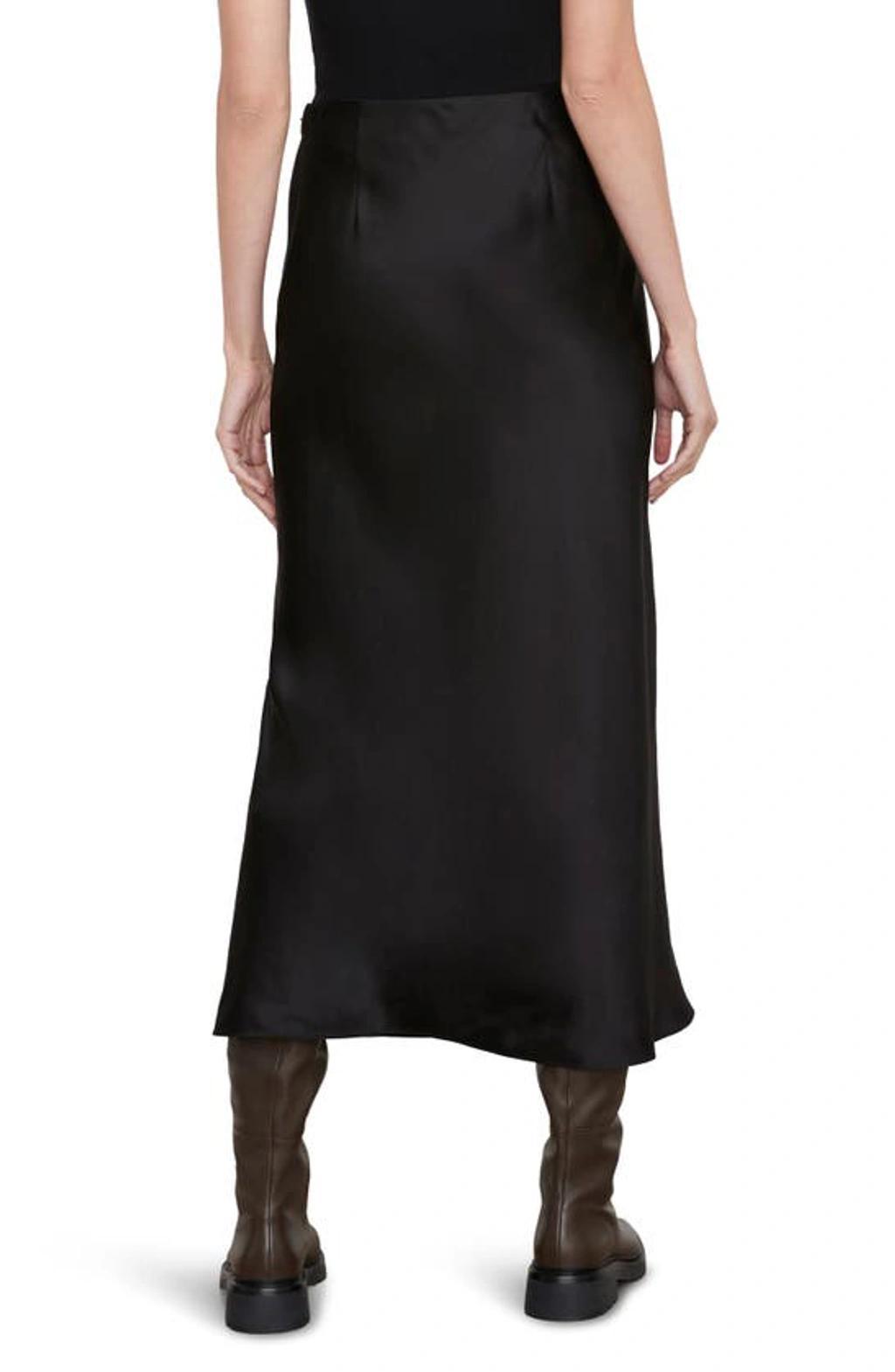 Side Slit Matte Satin Slip Skirt In Black Product Image